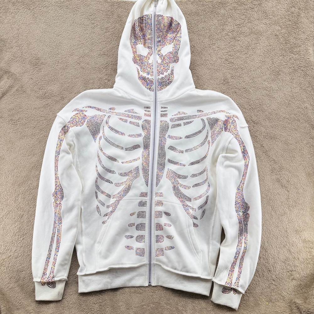 Klan Life Clothing Rhinestone Skeleton Full Zip Hoodie White Mens Medium